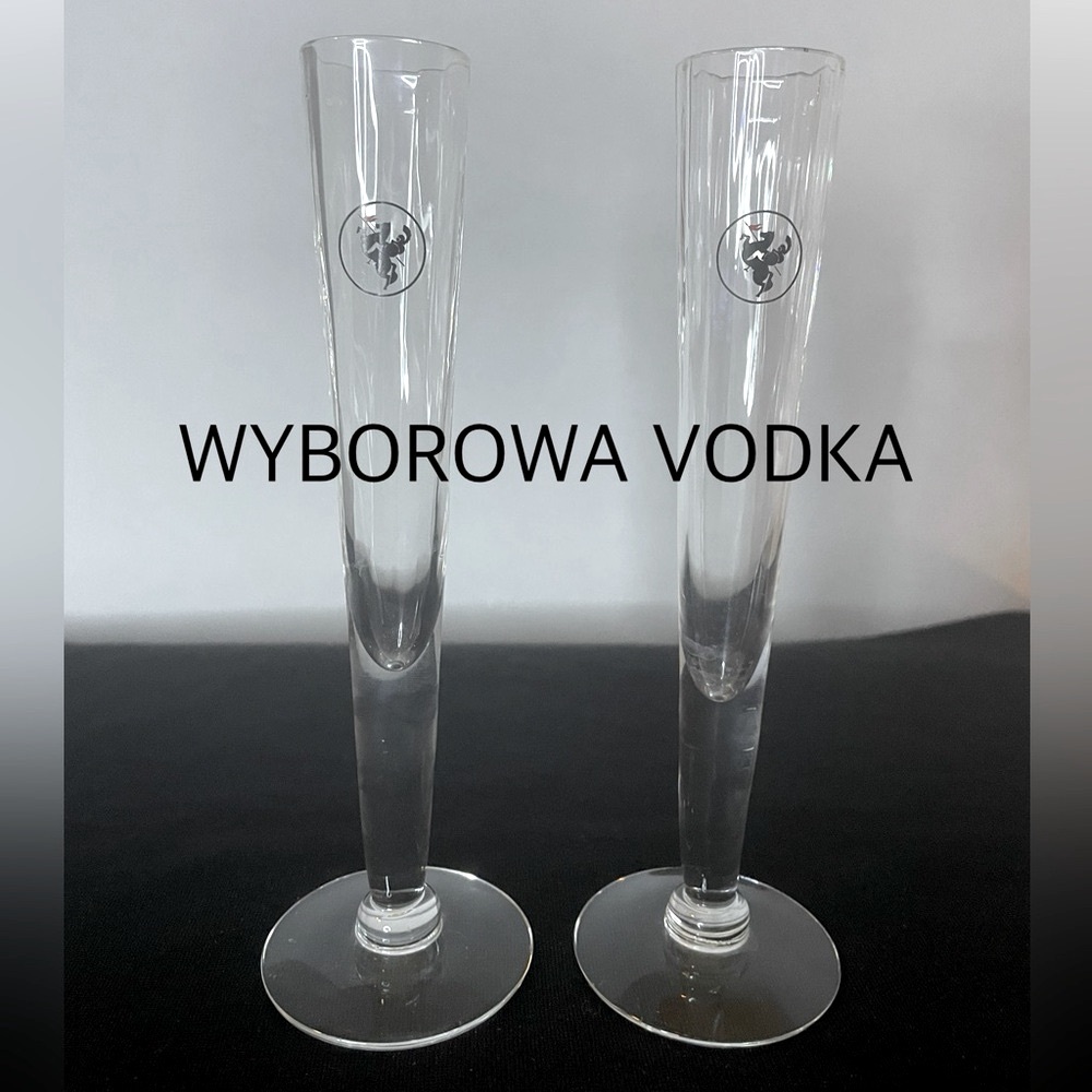 Two Wyborowa Polish Vodka Fluted Cordial Glasses Black Knight and Horse Red Flag